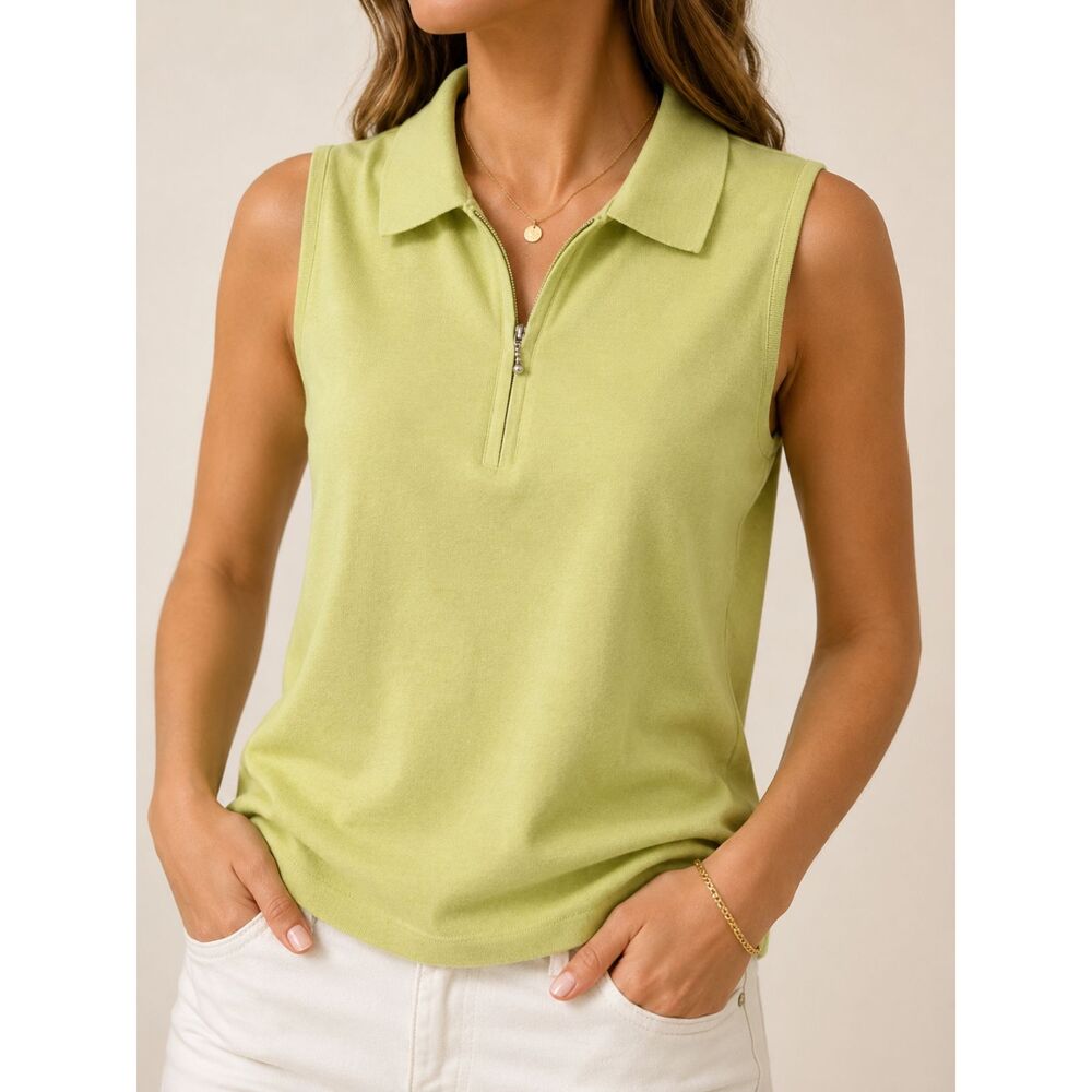 CJ Banks Lime Green Sleeveless Polo Top Zip Neck 100% Cotton Plus Size X